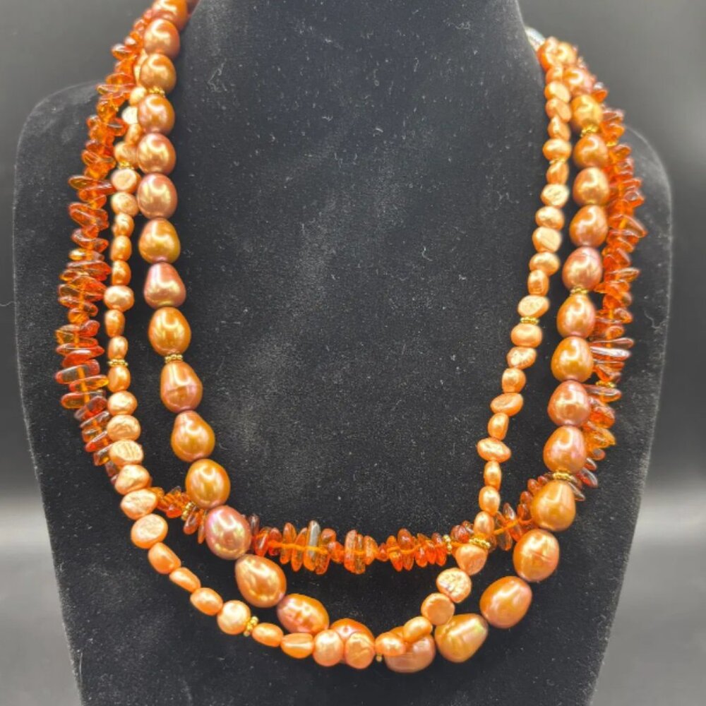 Amber & Freshwater Pearl Multi-Strand Necklace with Earrings- Artisan Made